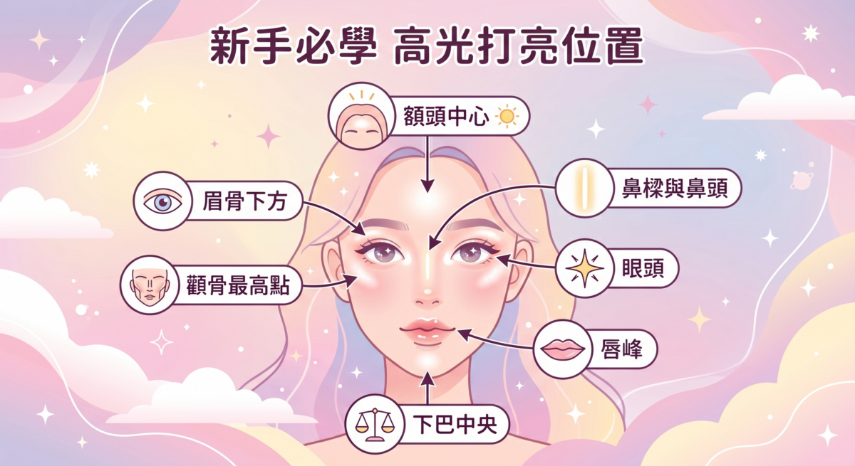 高光提亮位置教學圖表，展示額頭、鼻樑、顴骨、眉骨、唇峰及下巴的提亮範圍與化妝技巧。