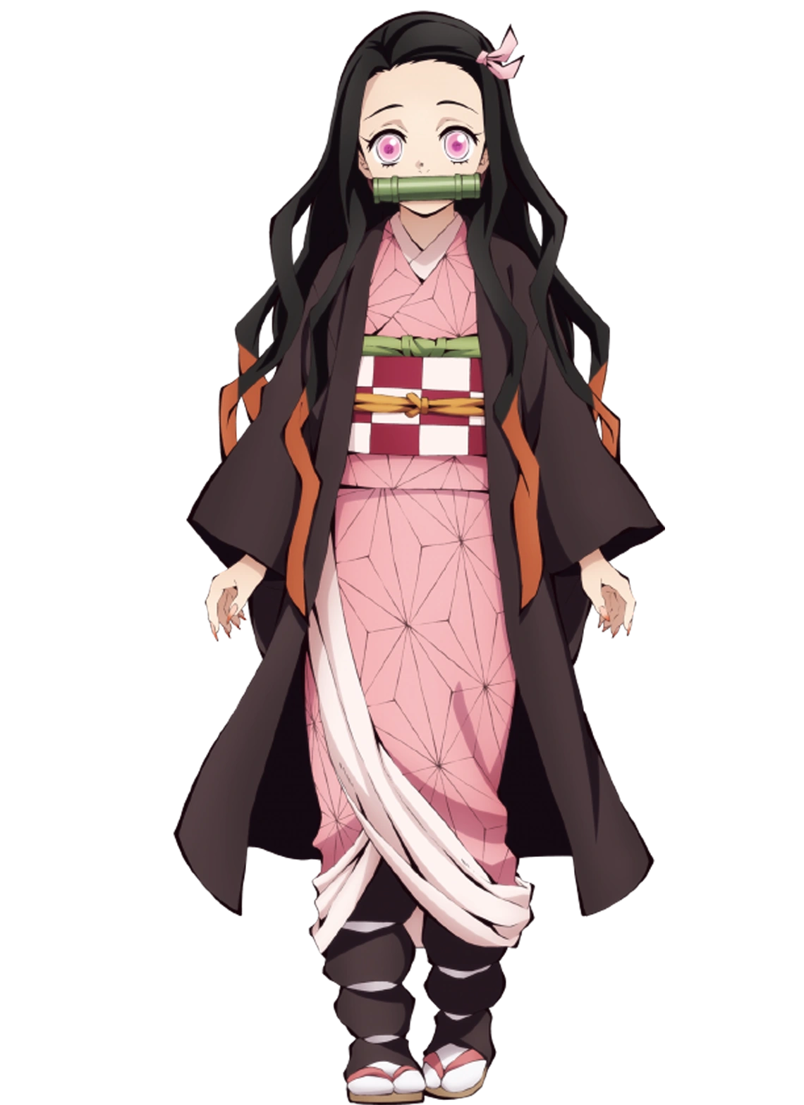 《鬼滅之刃》竈門禰豆子以粉紅色麻葉紋和服、黑色長髮配橙色漸變髮尾及竹筒口飾為特色，打造可愛又有鬼怪元素的萬聖節Cosplay造型。