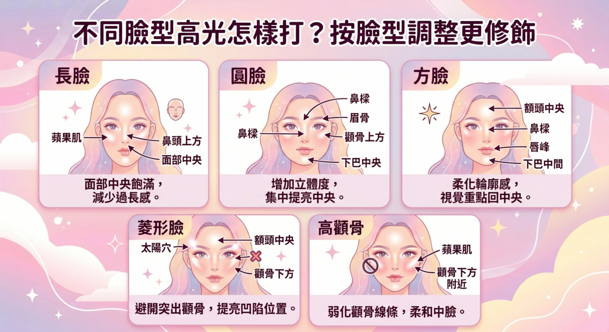 不同臉型高光打法對比圖，包含長臉、圓臉、方臉與菱形臉的提亮重點位置與修飾技巧說明。
