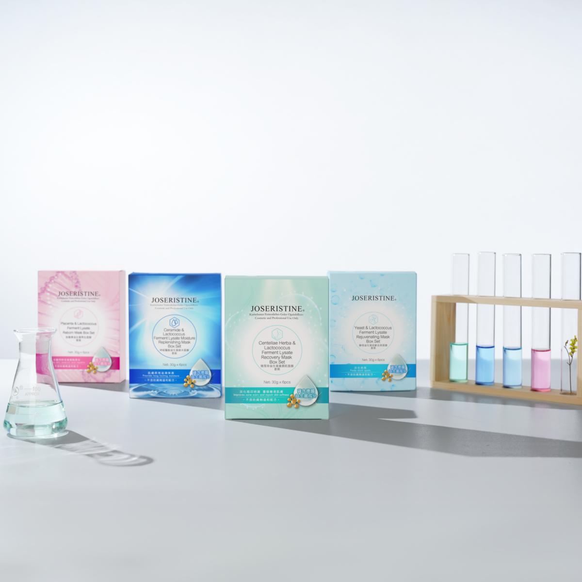益生菌面膜系列（左至右：胎盤素益生菌再生面膜6片、神經醯胺益生菌鎖水面膜6片、積雪草益生菌童顏肌面膜6片、酵母益生菌逆齡去斑面膜6片）
