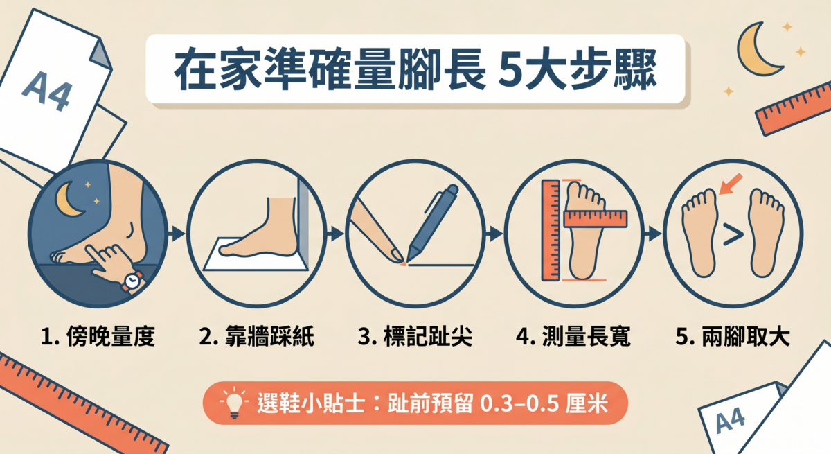 在家量度腳長 5 步驟教學資訊圖，包含腳跟靠牆標記、腳長計算方式以及鞋碼預留空間建議。