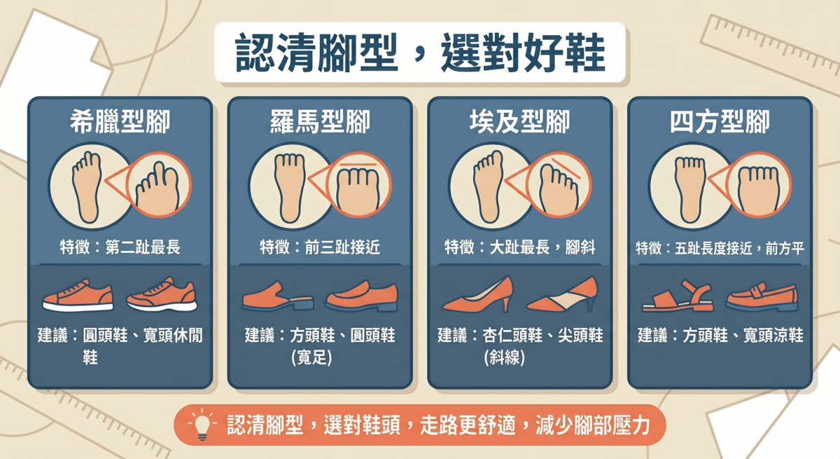 不同腳型選鞋建議資訊圖：希臘腳適合圓頭鞋、羅馬腳適合方頭鞋、埃及腳適合斜頭鞋、四方腳適合寬頭鞋。