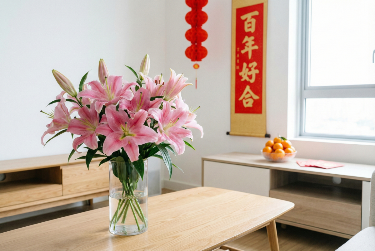 百合花象徵百年好合與事事順意,是寓意美滿幸福、喜慶吉祥的年花。