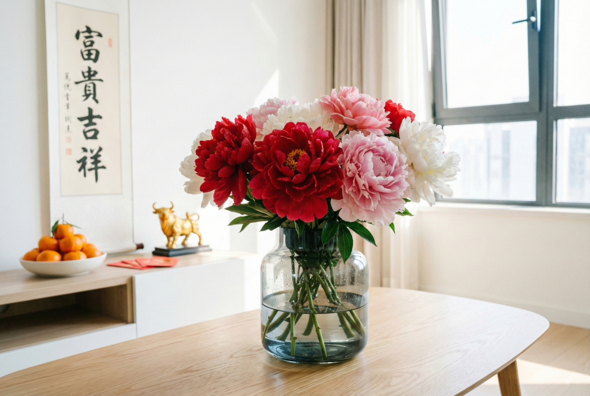 牡丹花象徵富貴吉祥與團圓和諧,是增添財運與幸福感的年花首選。