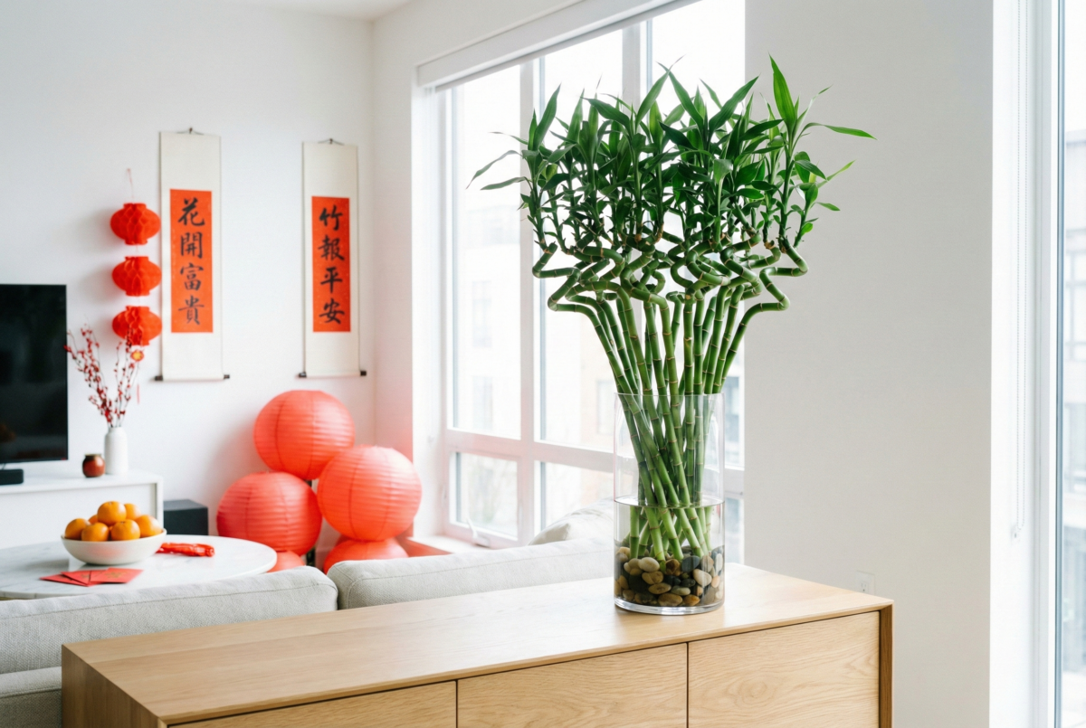 富貴竹象徵竹報平安與花開富貴,是增添室內生氣與祝福的吉祥年花。