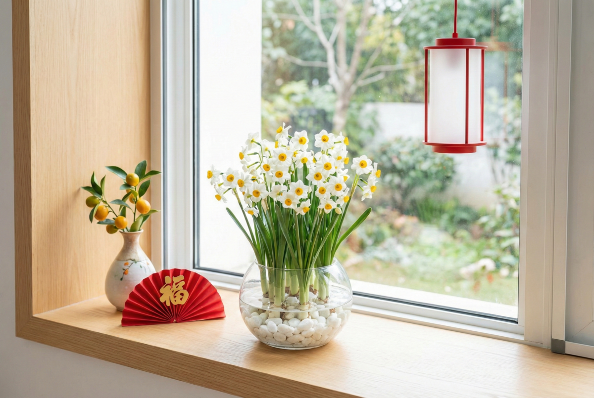 水仙花象徵吉祥如意與家庭團圓和睦,是清香高雅、深受歡迎的年花。