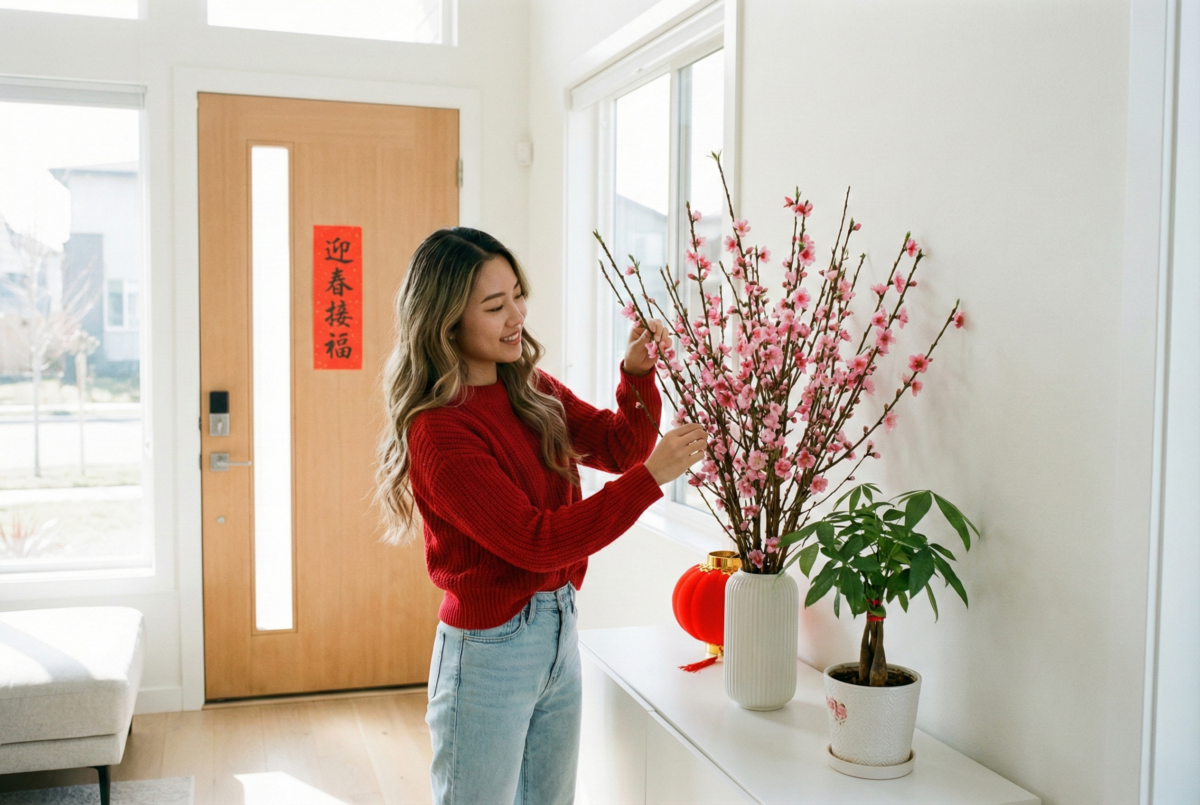 年花擺放講究位置:桃花、梅花放大門旁迎春接福(催桃花運避梅花),客廳擺發財樹、富貴竹或年桔可招財旺運。