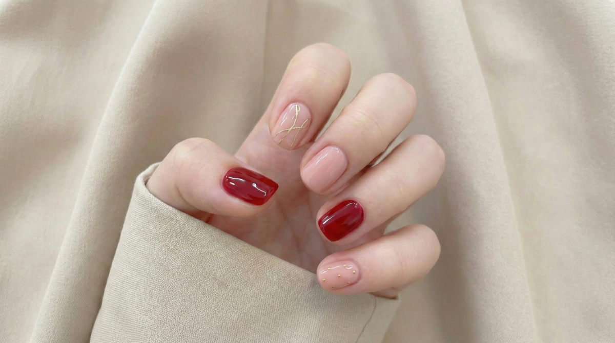 美甲師在粉紅色美甲上畫了金色線條及波點，簡單得來又有點新年氣氛，喜歡簡約風的女生可以一試！