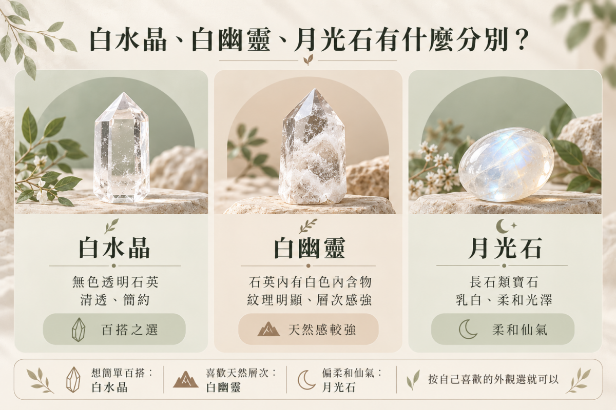 白水晶、白幽靈與月光石比較圖:包含三款寶石的礦物分類(石英與長石)、外觀質感(清透、雲霧層次、柔和暈光)及個人穿搭風格對照。
