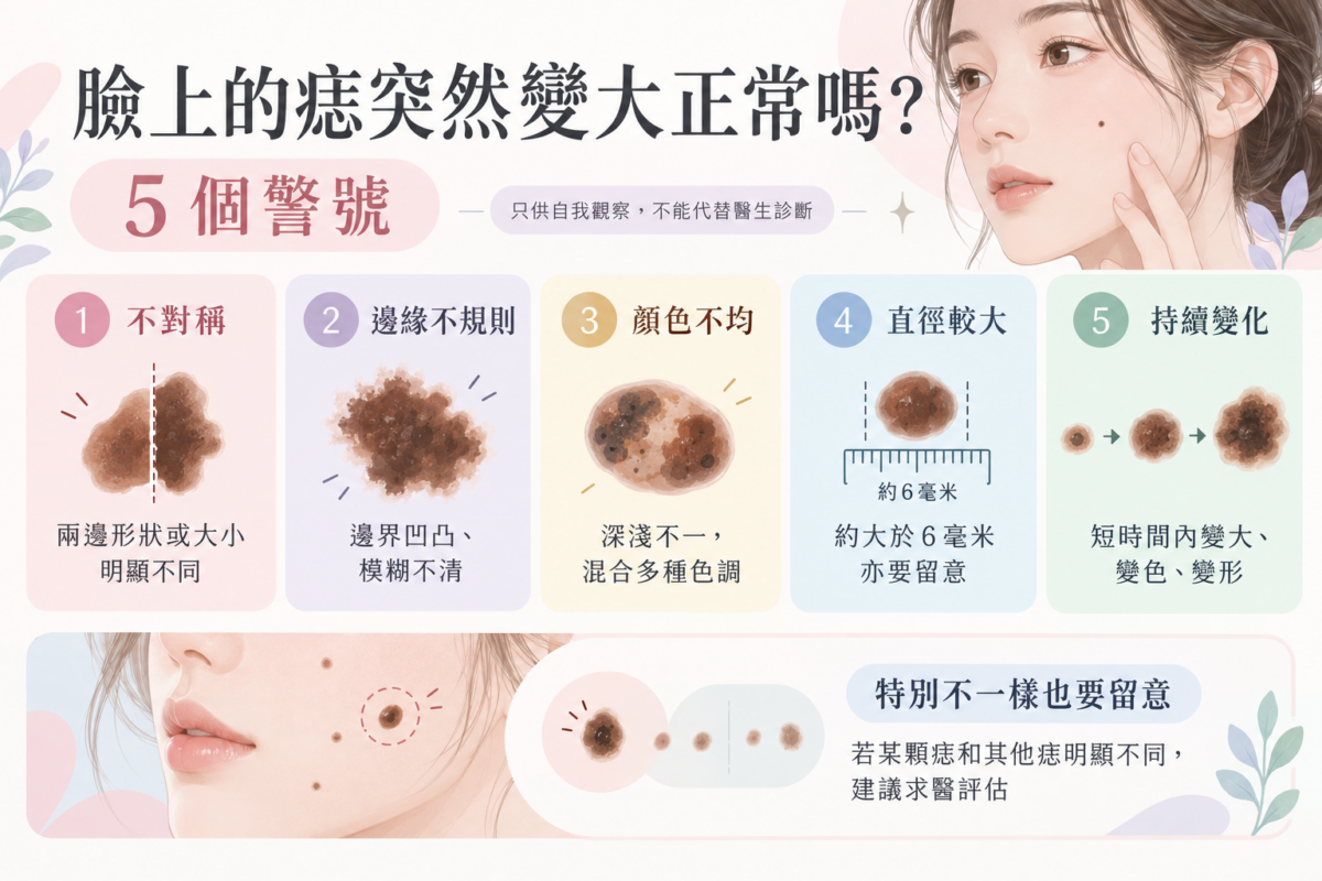 痣的 ABCDE 自我檢查 5 大警號資訊圖：解析痣的不對稱、邊緣不規則、顏色不均、直徑大於6毫米、持續變化。