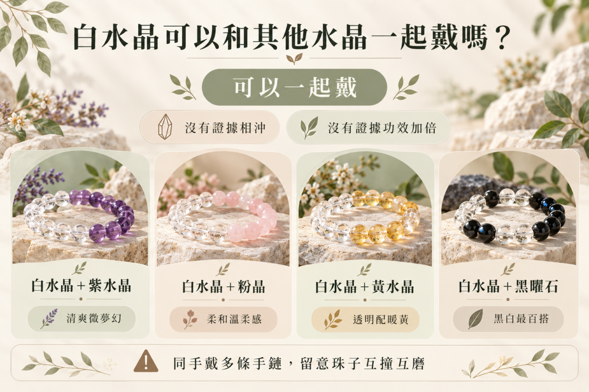 白水晶手鏈撞色搭配指南圖:包含白水晶搭配紫水晶、粉晶、黃水晶與黑曜石的視覺配色、風格感受及日常穿搭對照。