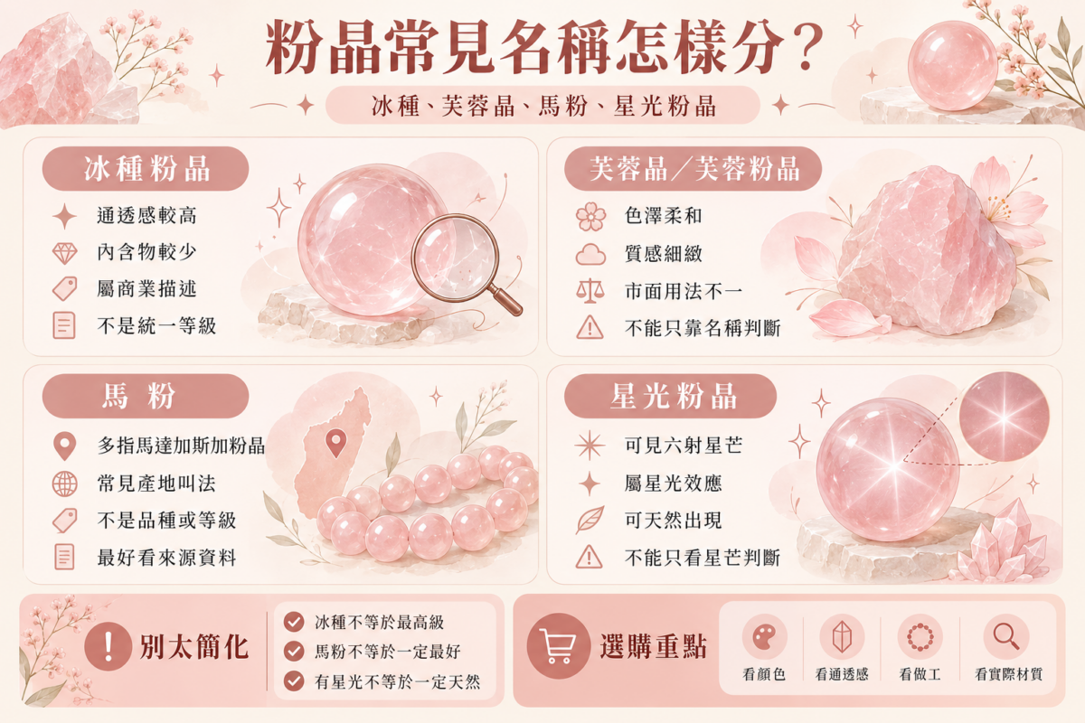 圖中整理冰種粉晶、芙蓉晶、馬粉和星光粉晶的常見分別，並提醒選購時要再看顏色、通透度、做工和實際材質。