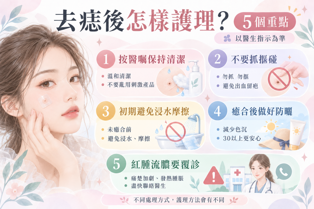 去痣術後護理 5 大重點資訊圖：包含傷口清潔、防摳抓、避免浸水、術後防曬與感染警號覆診。