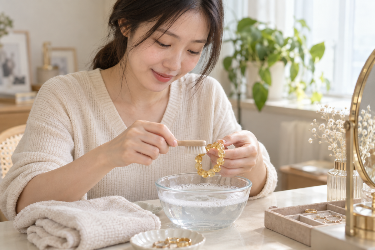 黃水晶可用溫暖肥皂水及柔軟布輕柔清潔,完全乾透後再收納;消磁並非必要的寶石保養程序。