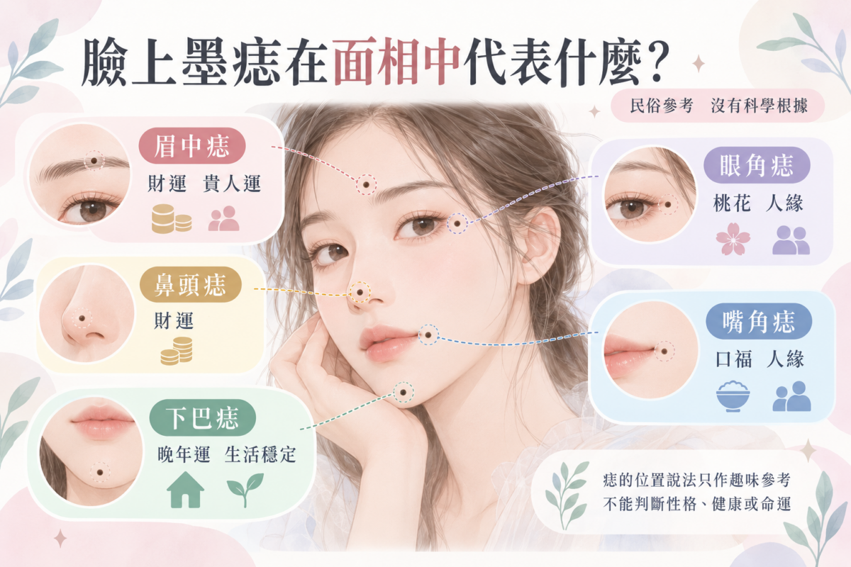臉上墨痣面相圖解：解析眉中痣、眼角痣、鼻頭痣、嘴角痣與下巴痣的傳統運勢象徵。