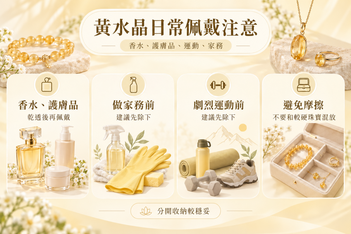 黃水晶日常佩戴與保養4大注意事項圖解,包含香水護膚品、做家務清潔劑、劇烈運動與珠寶分開收納指南。