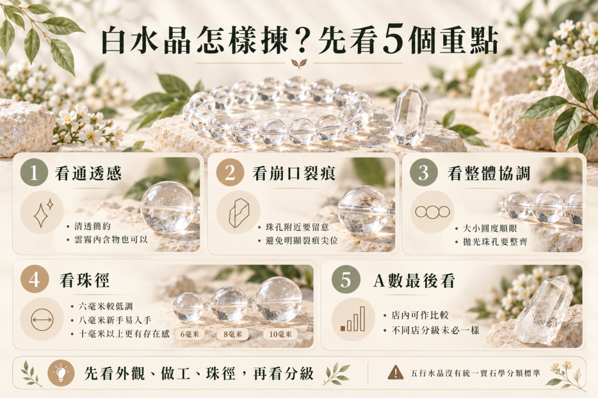 白水晶挑選 5 大重點與珠徑指南圖解:包含通透度選擇、珠孔裂痕檢查、整體協調度、6mm/8mm/10mm+ 珠徑尺寸對照及 A 級評級迷思解析。