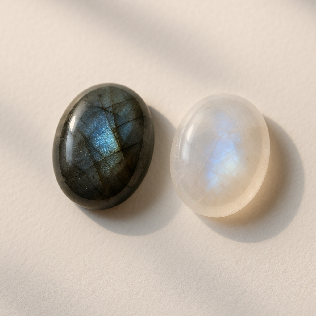 拉長石和月光石同屬長石家族，但能量和外觀卻大不同，前者以多彩閃光聞名，能量強烈；後者則以乳白色閃光著稱，能量溫和。