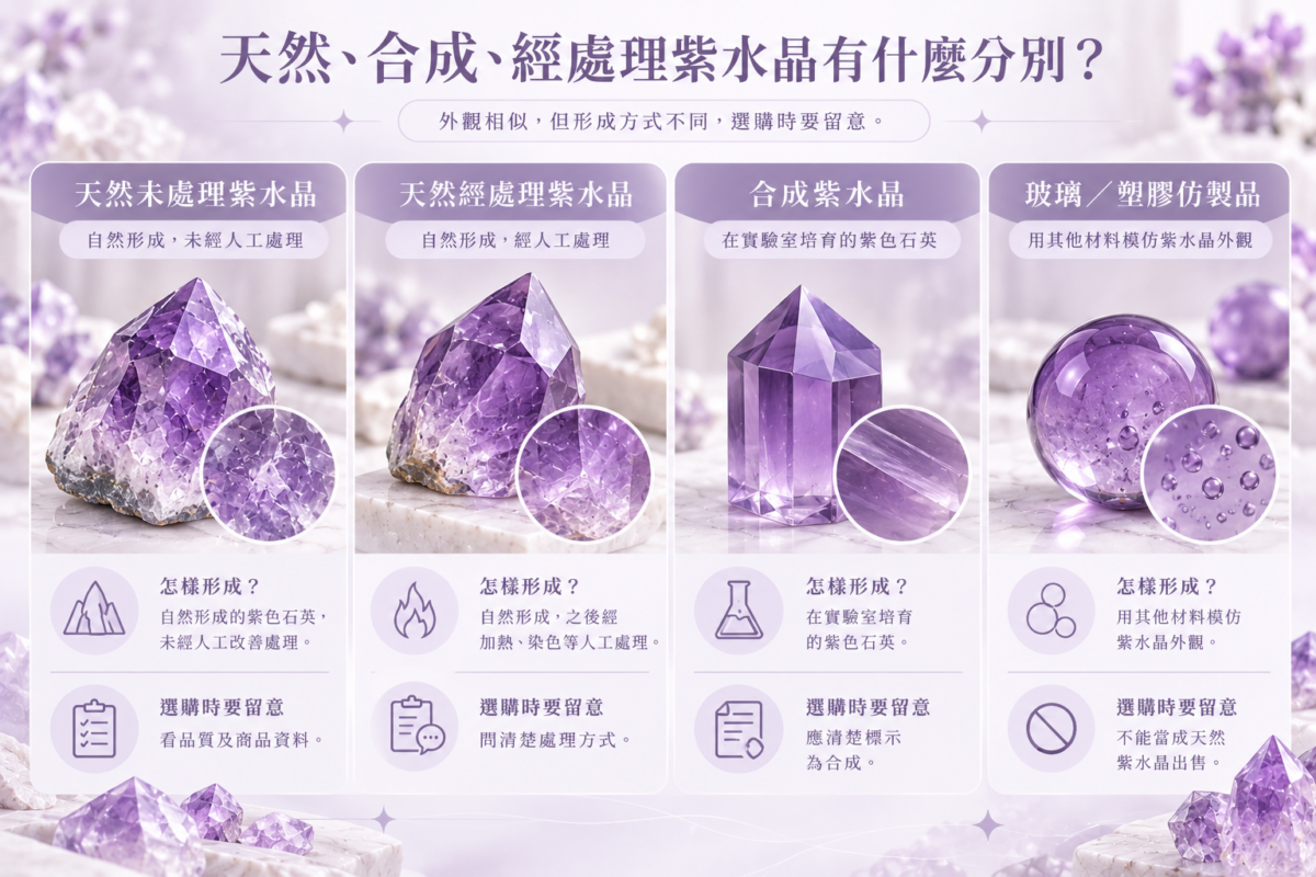 紫水晶種類比較圖解，展示天然未處理、天然經處理、合成紫水晶及玻璃塑膠仿製品的外觀、形成方式與選購注意事項。