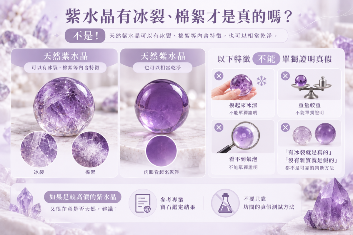 紫水晶真假判斷圖解，比較有冰裂、棉絮及外觀乾淨的天然紫水晶，說明不能單靠冰涼觸感、重量或氣泡判斷真假，建議參考專業寶石鑑定結果。