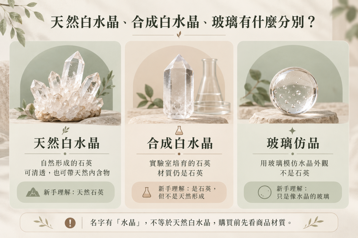 天然白水晶、合成白水晶與玻璃仿品比較圖:包含材質成分(石英與玻璃)、形成方式、外觀特徵及「水晶玻璃」名稱辨析圖解對照。