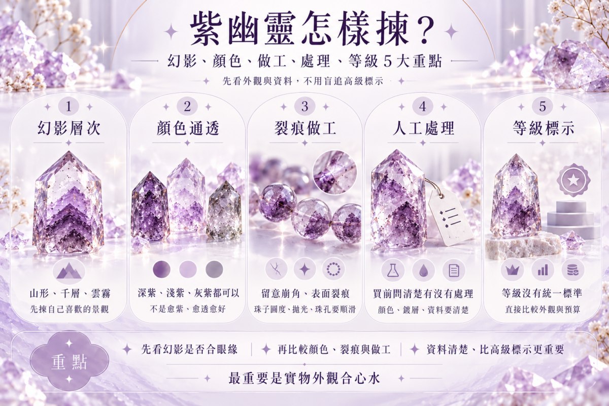 紫幽靈挑選圖解,以水晶實物及圖示整理幻影層次、顏色通透度、裂痕做工、人工處理及等級標示5大選購重點。