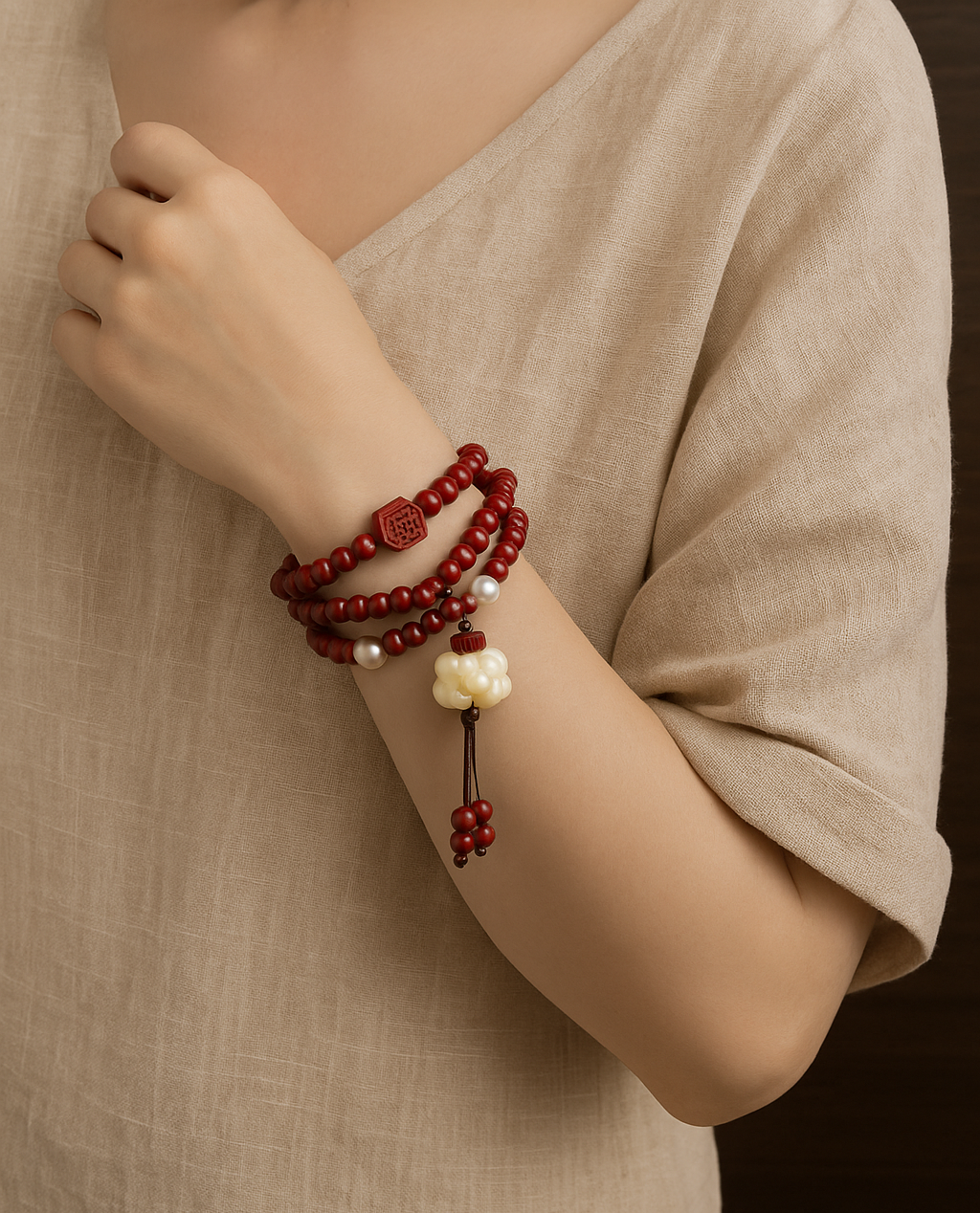 洗澡和睡眠時將朱砂飾品取下放好，待完成後再重新戴上