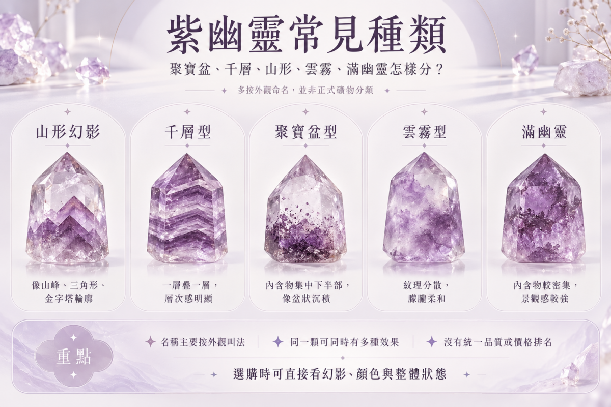 紫幽靈種類資訊圖,以紫色水晶柱展示山形幻影、千層型、聚寶盆型、雲霧型及滿幽靈的外觀特色。