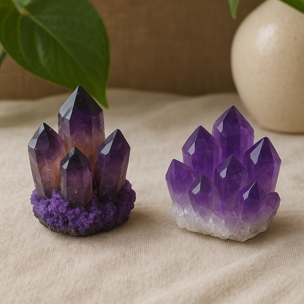 紫幽靈和紫水晶都是人氣超高的紫色水晶,同屬石英家族,但兩者在外觀、結構和能量特性上各不同。