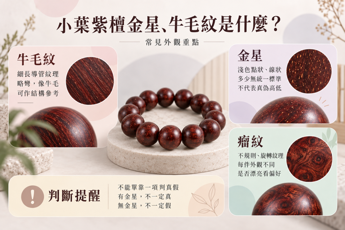 小葉紫檀3大常見紋理特徵圖解，包含牛毛紋、金星與瘤紋外觀解析及真偽判斷迷思對照。
