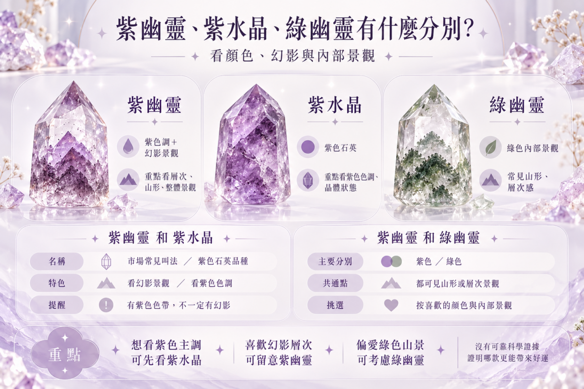 紫幽靈水晶比較資訊圖,以三款水晶柱展示紫幽靈、紫水晶及綠幽靈的顏色、幻影層次與內部景觀差異。