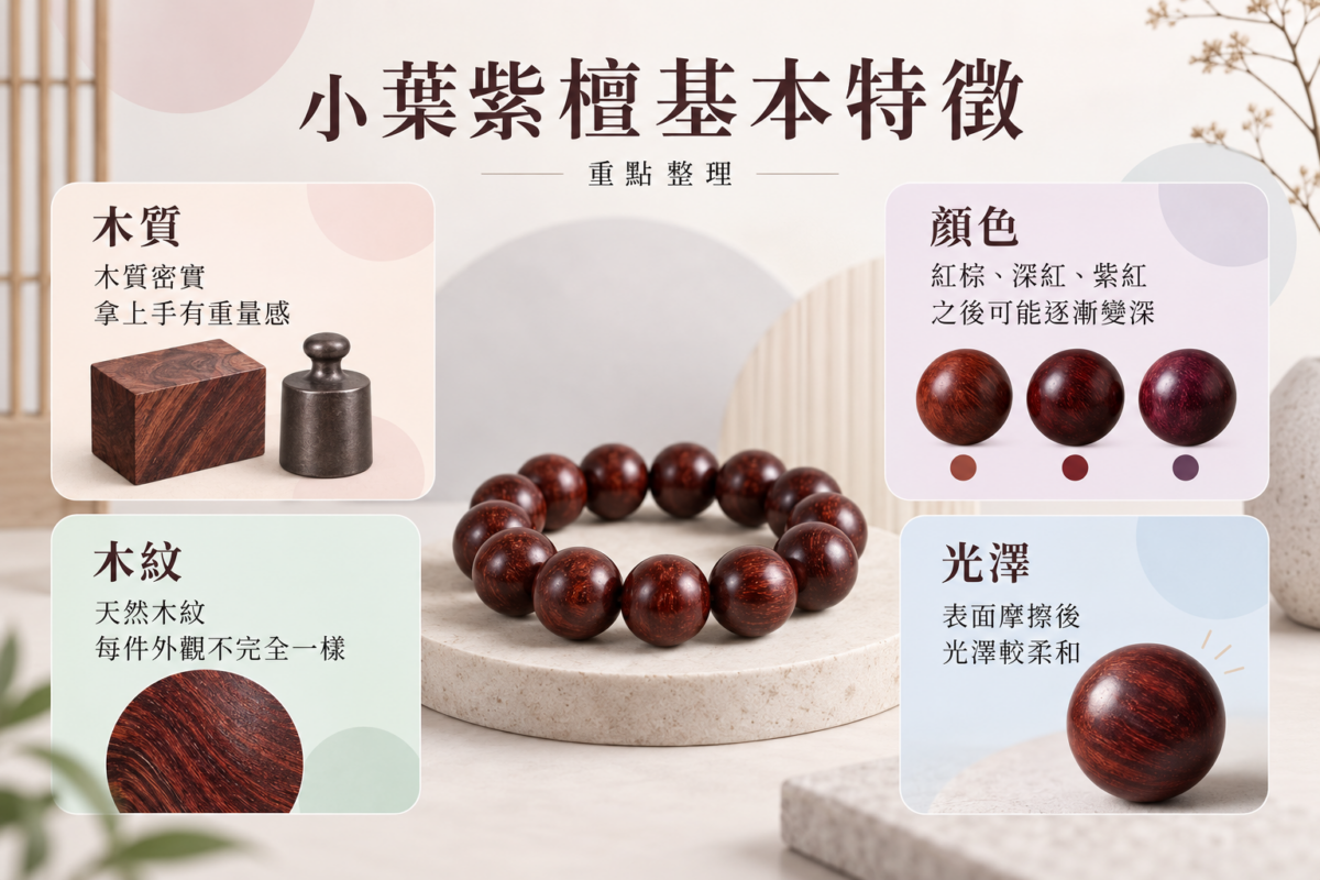 小葉紫檀4大基本特徵解析圖，包含木質密度、顏色氧化變化、天然導管木紋與包漿光澤對照。