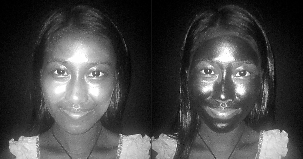 在UV相機下見到,塗抹後肌膚瞬間形成均勻深黑色的保護層。