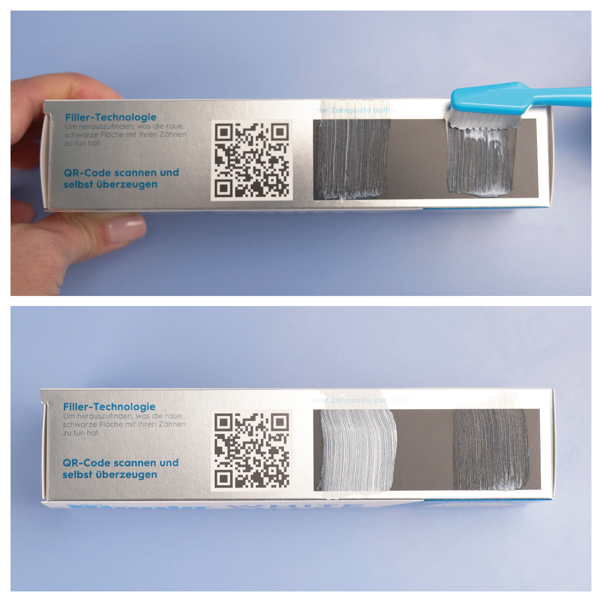 Bioniq®牙膏的包裝上附有一個小巧的黑色測試條，Bioniq®琺瑯補充美白牙膏輕輕一刷，測試條上的黑色粗糙表面立刻變得光滑，牙膏乾後，Bioniq®美白牙膏呈現出明顯的亮白色！上圖上為剛刷上牙膏的情況，上圖下是牙膏全乾後，左邊均為Bioniq®琺瑯補充美白牙膏，右邊均為普通美白牙膏**。