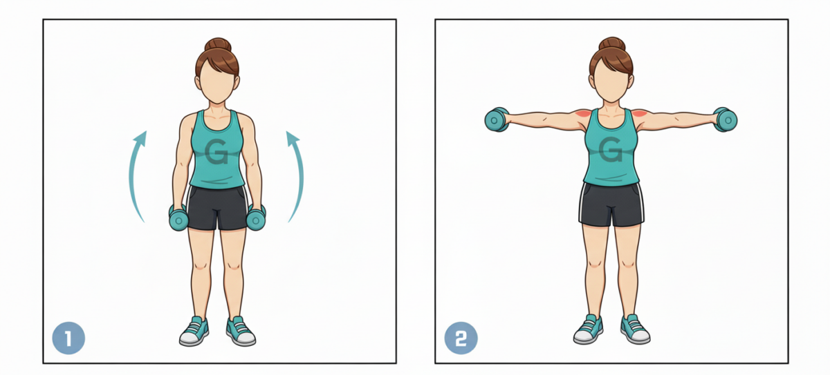 這個動作是雕塑三角肌中束的經典動作,能有效增加肩部外側的寬度與圓潤感,為直角肩的線條打下良好基礎。