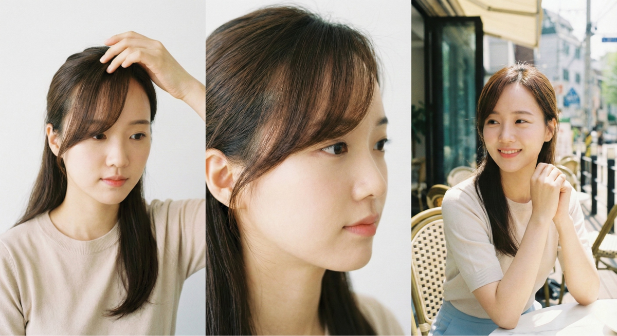 將瀏海以3:7或2:8側分強調橫向線條，能轉移視覺焦點，有效修飾高額頭與長臉型。