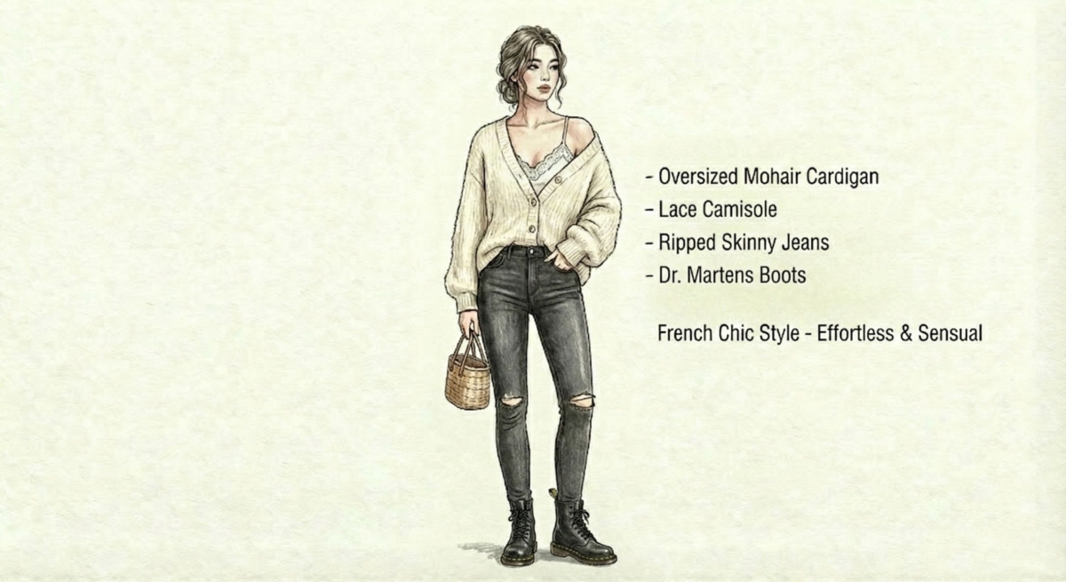 一張時尚插畫,展示了一位女性身穿「法式慵懶風格」的穿搭。她穿著一件寬鬆的馬海毛開衫,隨性地露出一邊肩膀,內搭蕾絲細肩帶背心,下身是黑色破洞緊身牛仔褲配綁帶平底涼鞋,手提編織籃。圖片文字描述此風格為「隨性且性感」(Effortless & Sensual)。
