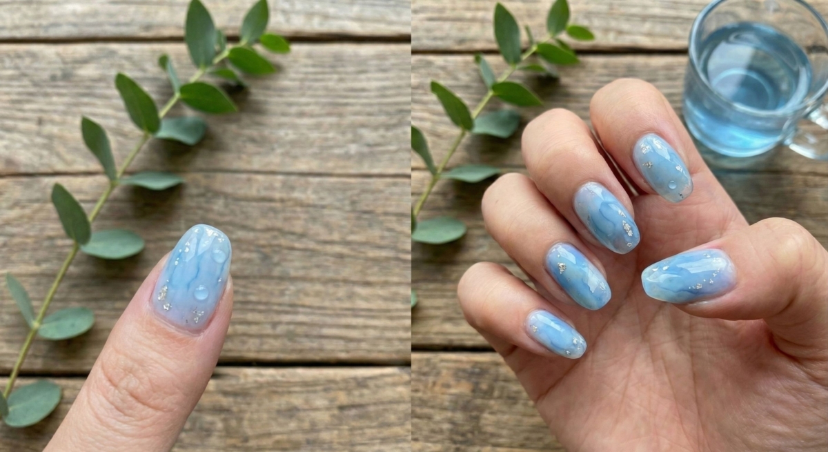 利用暈染液或稀釋的色膠，層層疊加透藍色與白色，創造出水的透明感。