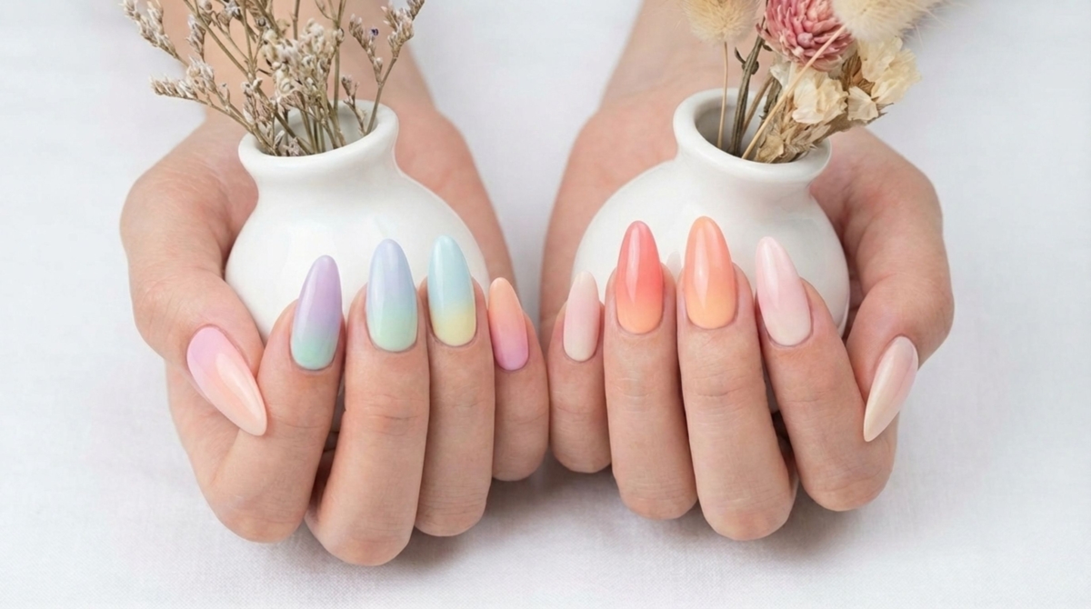 圖中展示的是時尚跳色漸變美甲款式,利用色彩由深至淺的漸層過渡,在視覺上能將指甲無限延伸,讓手指看起來更加修長纖細。