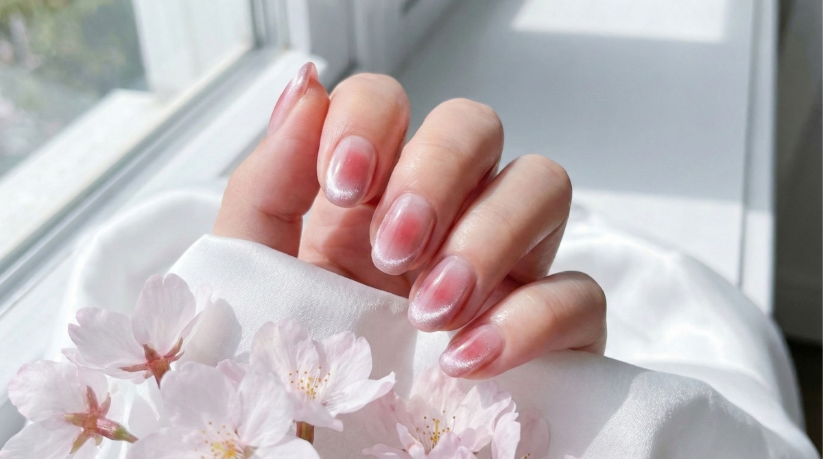 圖中展示的是貓眼曬紅美甲款式,它保留了腮紅美甲那種從中心透出的紅潤感,又疊加了貓眼石般的流動光澤。