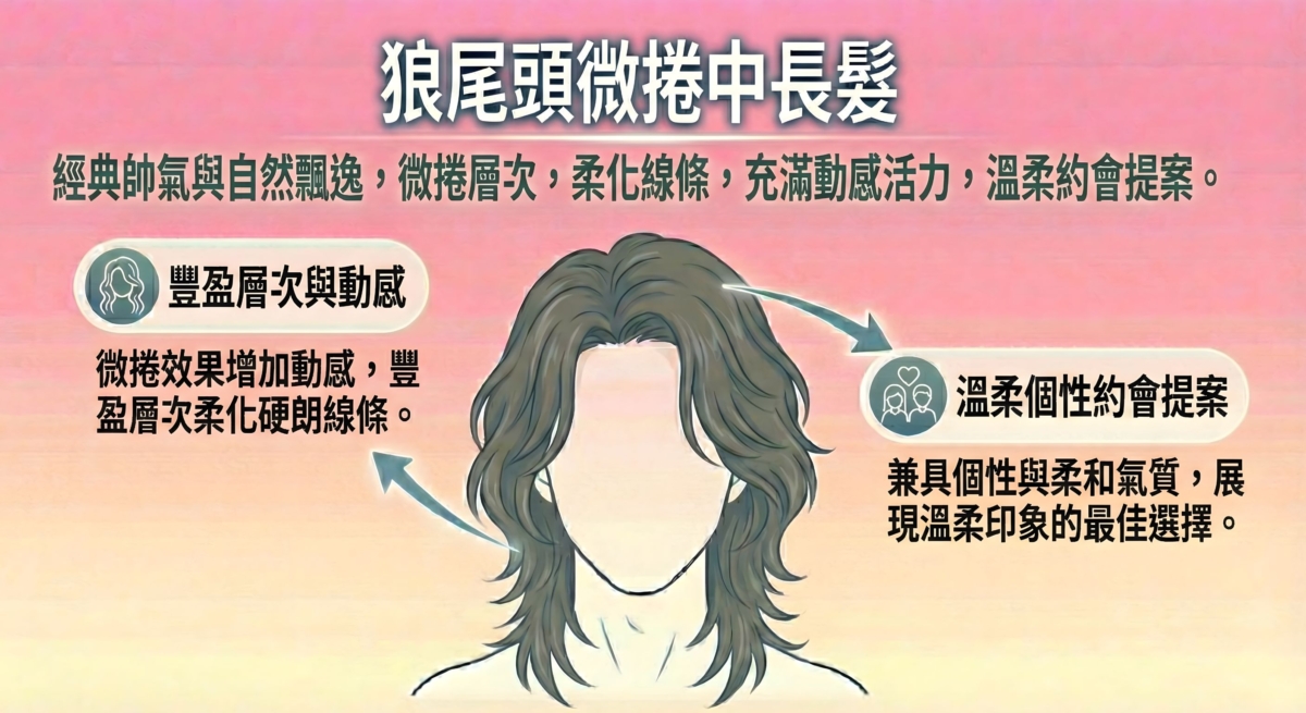 一張針對「狼尾頭微捲中長髮」的造型指南,強調透過微捲層次來 柔化硬朗線條,兼具個性與柔和氣質,被推薦為 溫柔約會 的最佳髮型選擇。