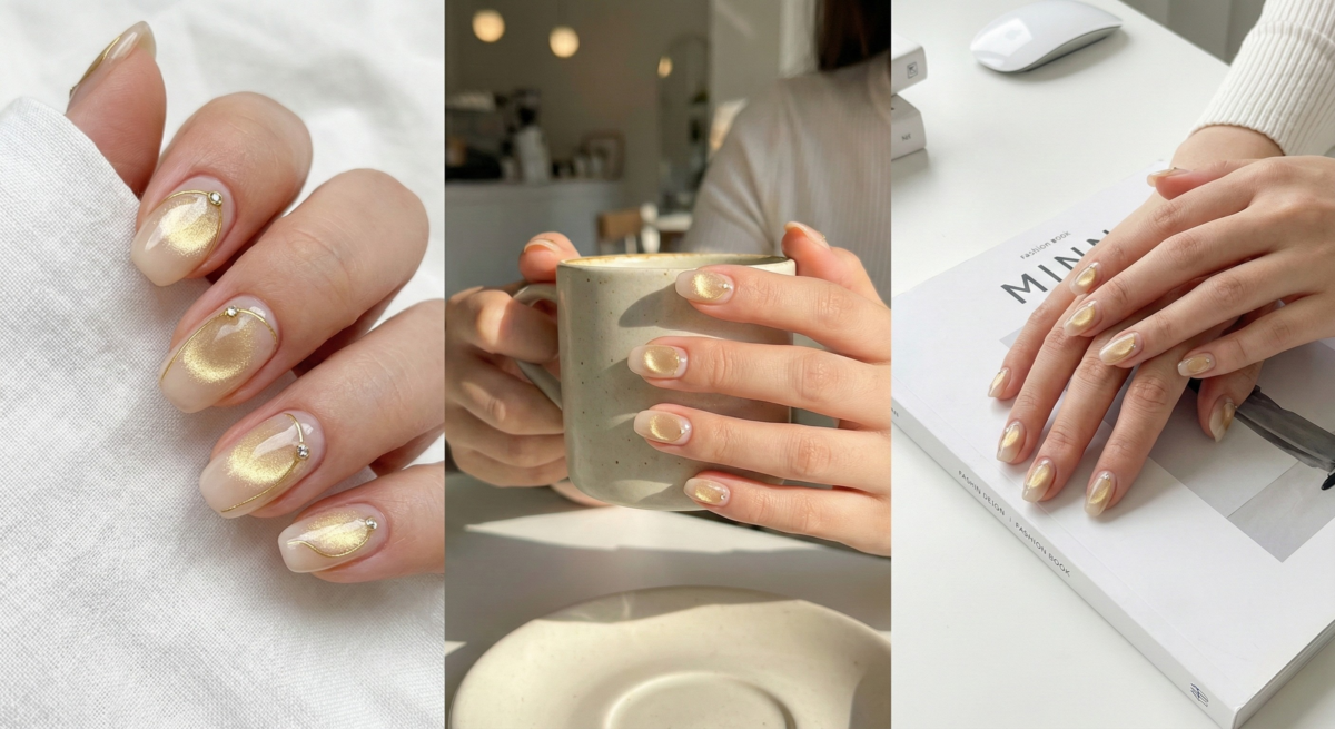 奶油裸金貓眼光療指甲以溫潤裸色與微金磁粉打造立體光澤,低調有質感,適合日常輕奢風。