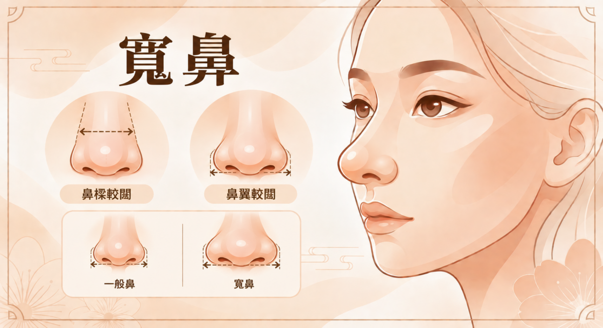 寬鼻特徵是鼻樑或鼻翼較闊,鼻頭不一定圓大,可從鼻頭形狀及鼻翼橫向比例分辨。