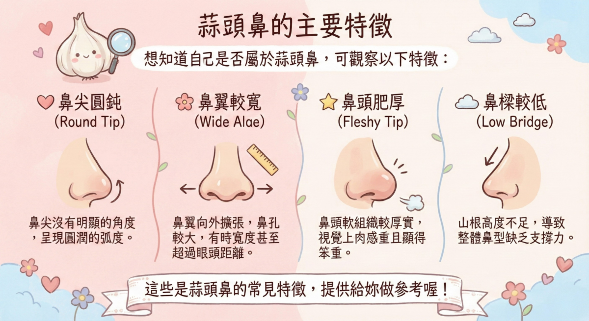 蒜頭鼻特徵圖表,展示了四種主要特徵,讓你可以更容容易判斷自己是否屬於蒜頭鼻。