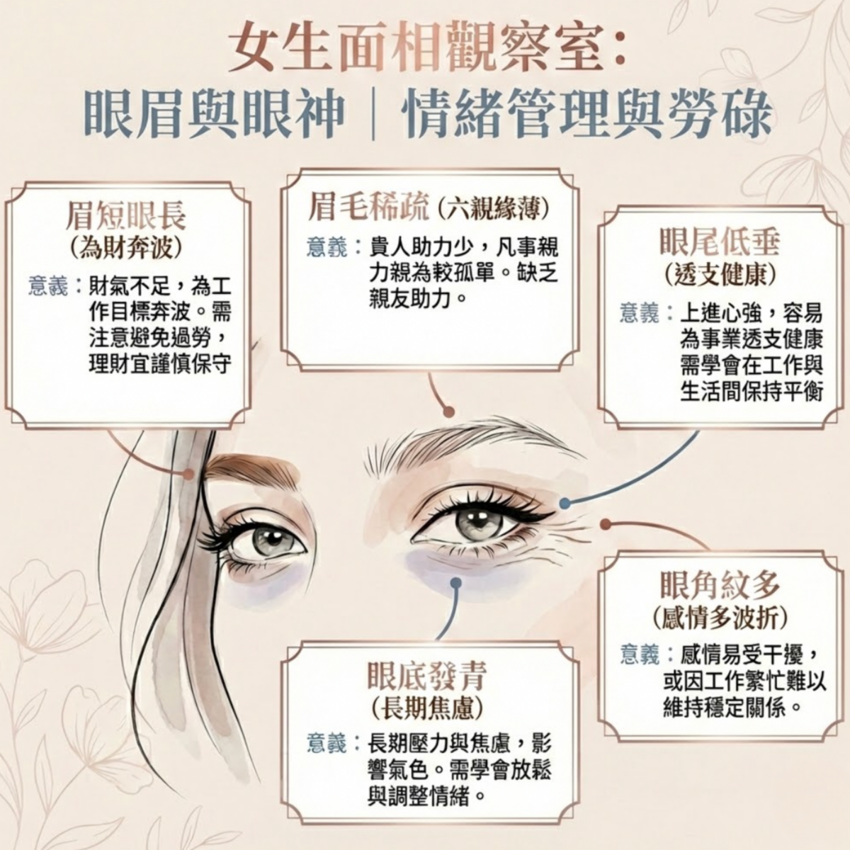 眼眉與眼神反映情緒穩定度與勞碌程度，眼神明亮者通常感情順、福氣也較厚。