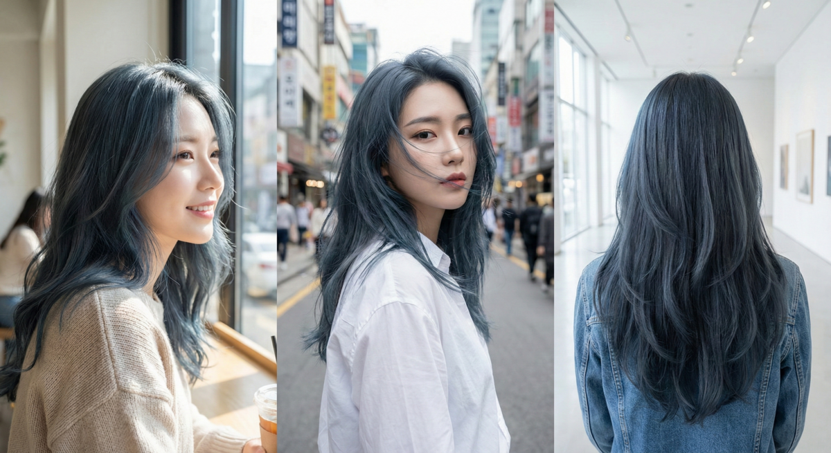 煙燻藍灰髮色低調高冷，藍灰調中和黃氣顯白，修飾受損髮質，褪色後依然時尚自然。