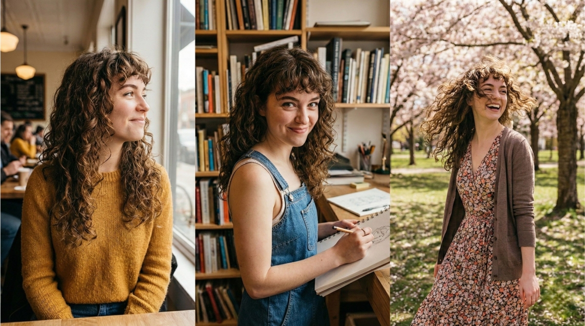 這款眉上捲瀏海是營造氛圍的高手，搭配層次剪裁修飾臉型，在可愛中帶點知性美，既復古又摩登。