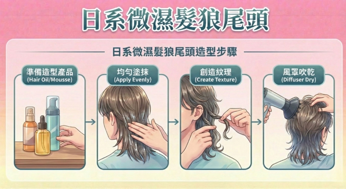 一張關於「日系微濕髮狼尾頭」的 4 步驟造型指南,涵蓋了從準備髮油/慕斯、均勻塗抹、手抓創造紋理到使用烘罩吹乾的完整整理流程。