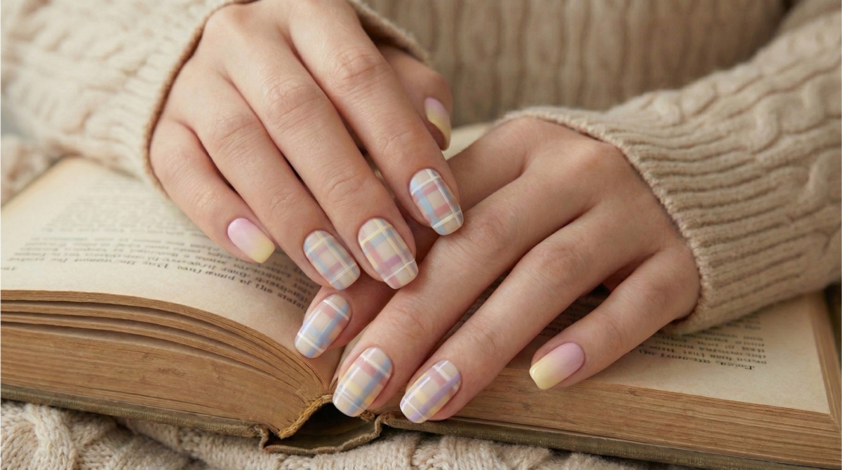 圖中這款粉彩格紋美甲這種設計在溫柔可愛之餘,帶有一絲帥氣與率性,既減齡又不失格調。