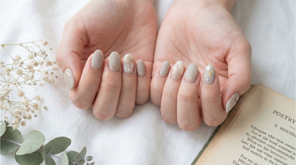 圖中展示的是溫柔米棕色美甲款式,這種介於灰色與米色之間的色調,非常適合追求知性美的文青女孩。